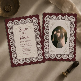Convite de casamento de renda antiga em burgundy p