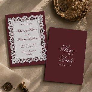 Convite de casamento de renda burgundy Old Money S