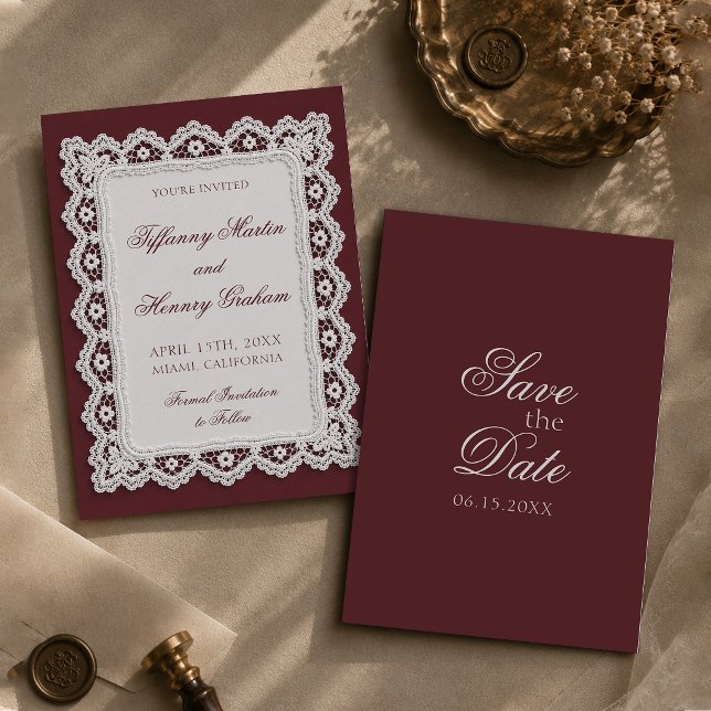 Convite de casamento de renda burgundy Old Money S (Criador carregado)
