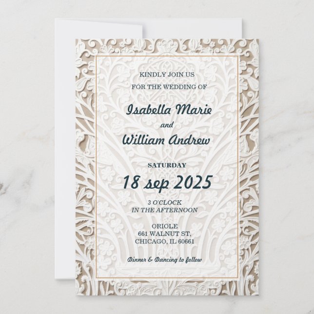 Convite de Casamento de Renda Marfim Elegante (Frente)