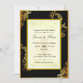 Convite de Casamento de Renda Preta e Dourada de L