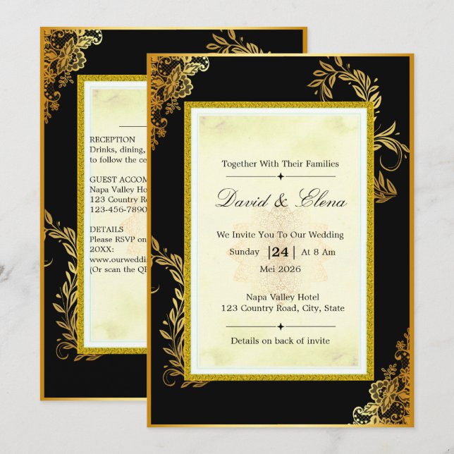 Convite de Casamento de Renda Preta e Dourada de L (Frente/Verso)