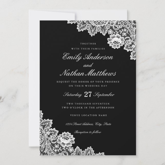 Convite de Casamento de Renda Preto e Branco Elega (Frente)