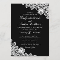 Convite de Casamento de Renda Preto e Branco Elega
