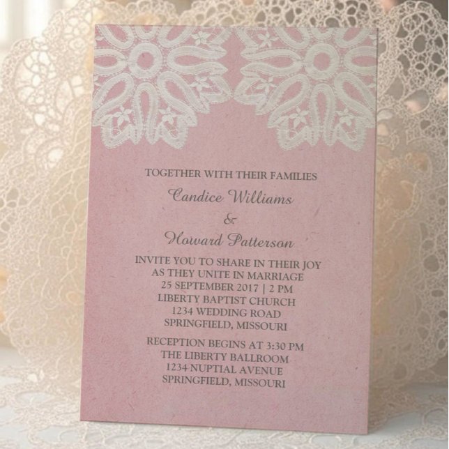 Convite de casamento de rendas Elegante Rosa (Pink Elegant Lace Wedding Invite)