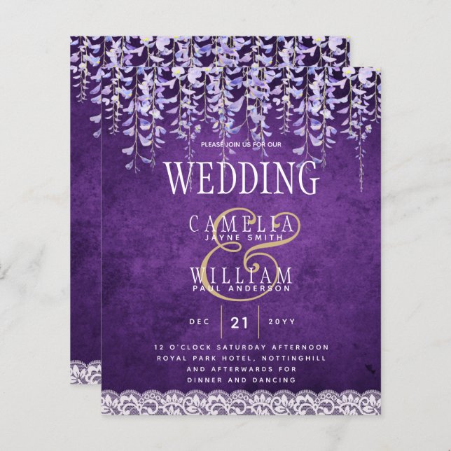 CONVITE DE CASAMENTO de rendas plorais roxas da Wi (Frente/Verso)