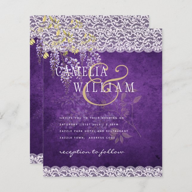 CONVITE DE CASAMENTO de rendas plorais roxas da Wi (Frente/Verso)