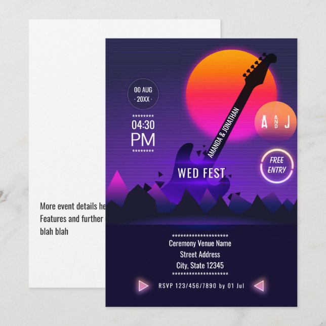 Convite de casamento de Rock and Roll (Frente/Verso)