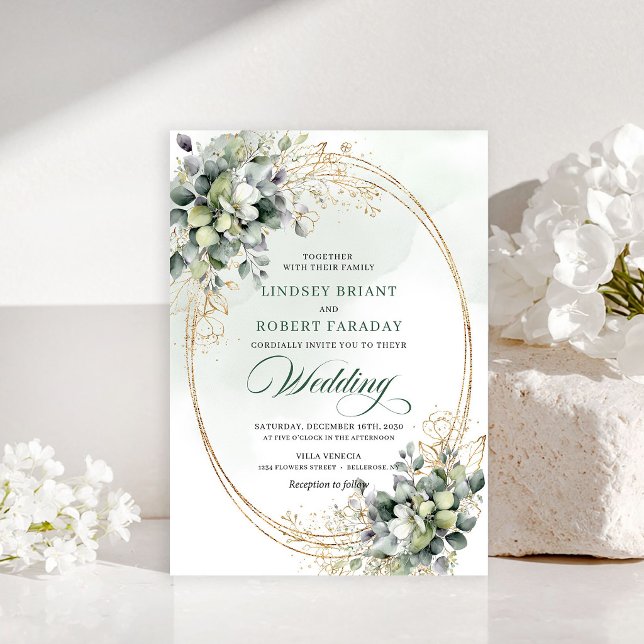 Convite de casamento de rosa branca com verde clás (Classic greenery white rose wedding invitation)