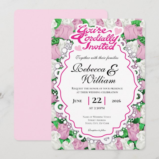 Convite de Casamento de Rosa Rosa e Branca - Letra (Frente/Verso)