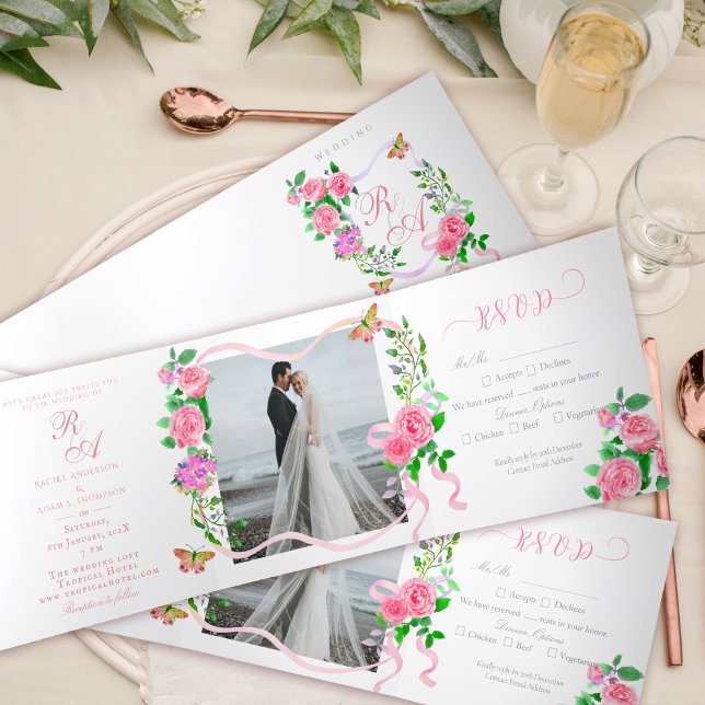 Convite de Casamento de Rosa Rosa Rosa Rosa Rosa R (Elegant Rose Ribbon Monogram Photo Invitation Card.)