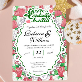 Convite de Casamento de Rosa Vermelha e Branca - L