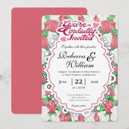 Convite de Casamento de Rosa Vermelha e Branca - L