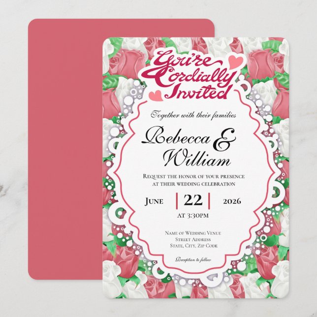 Convite de Casamento de Rosa Vermelha e Branca - L (Frente/Verso)