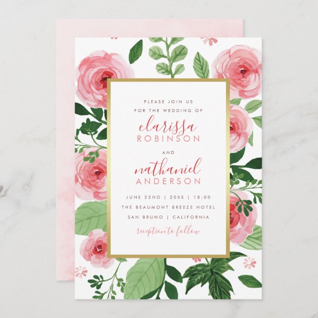 Convite De Casamento De Rosas De Aquarelas Florais (Frente/Verso)