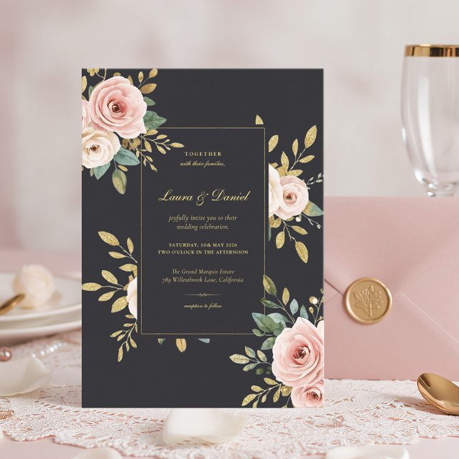 Convite de Casamento de Rosas Pretas e Douradas El (Criador carregado)