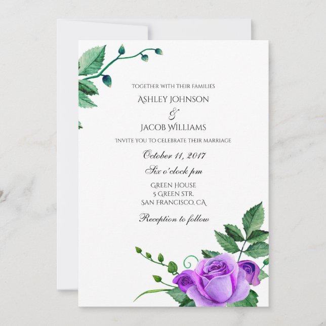 Convite de casamento de rosas roxas. Convites flor (Frente)