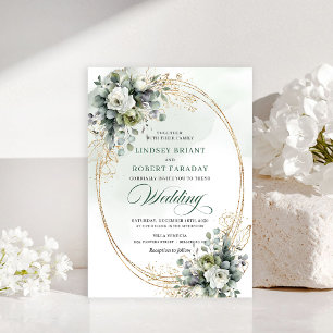 Convite de casamento de rosas verdes e douradas de