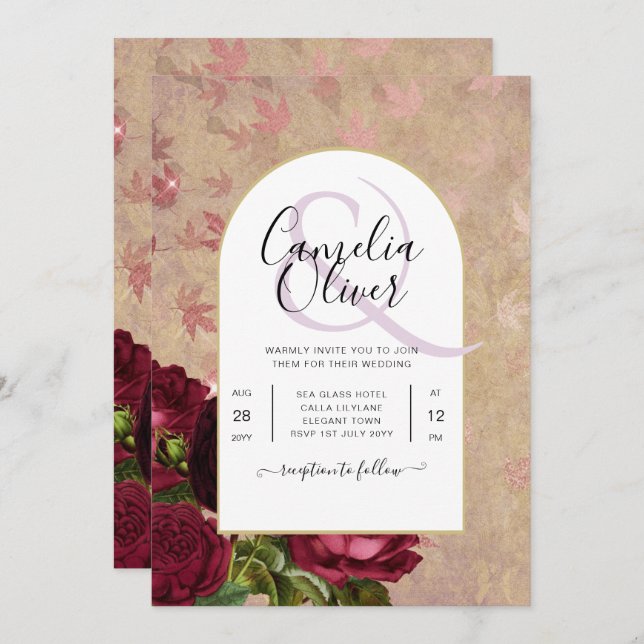 Convite de casamento de Rosas vermelhas Botânicas  (Frente/Verso)