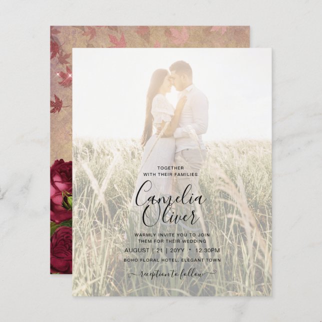 Convite de casamento de Rosas vermelhas Botânicas  (Frente/Verso)