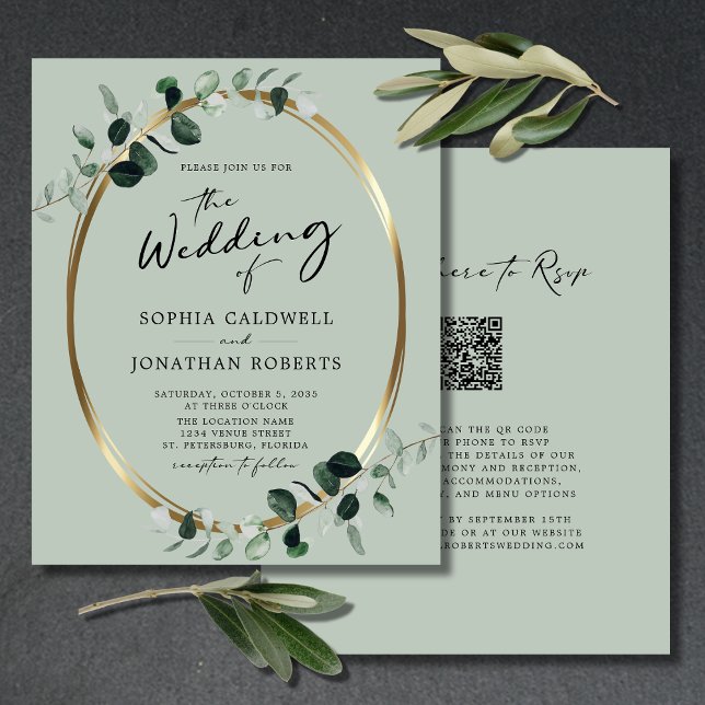 Convite de casamento de Sage de Código QR Dourado  (Budget Wedding Invitation QR Code RSVP Eucalyptus Gold Modern Calligraphy)
