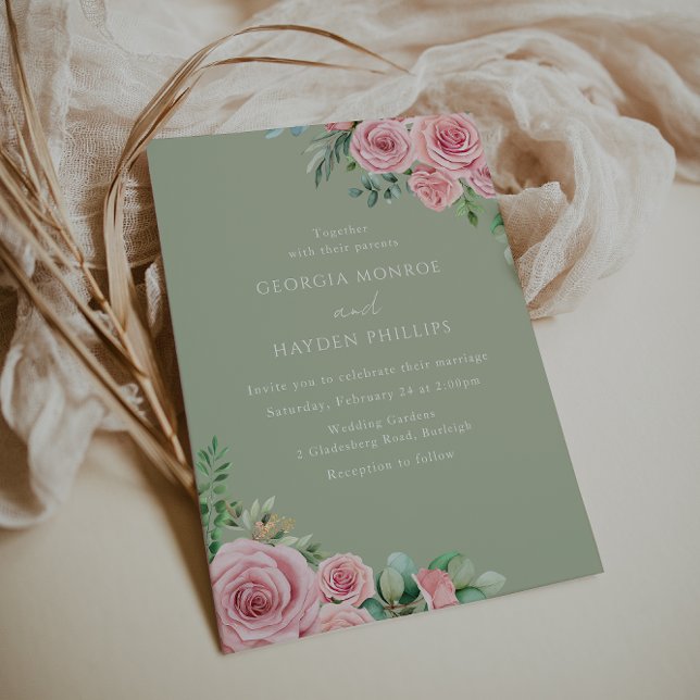 Convite De Casamento De Sage Floral Cor-De-Rosa-Es (Criador carregado)