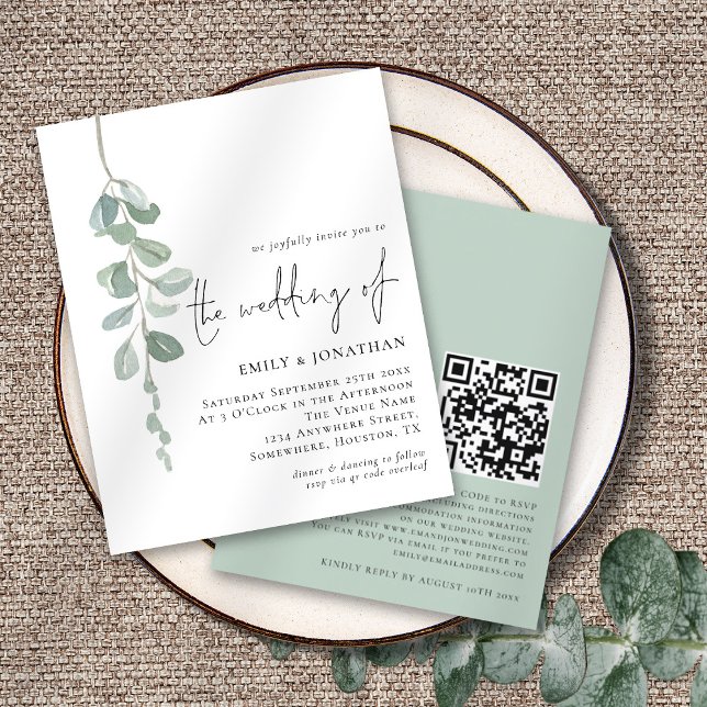 Convite de casamento de Sage QR do Script Eucalypt (Front and back view)