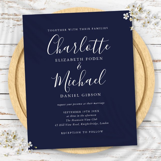 Convite de Casamento de Script Azul de Marinho de  (Budget Navy Blue Script Wedding Invitation)