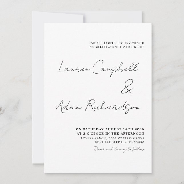 Convite de Casamento de Script Branco e Preto Mini (Frente)