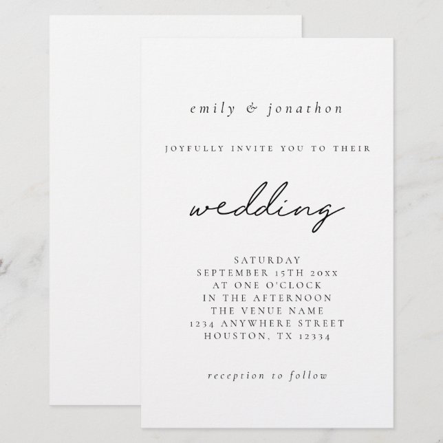 Convite de casamento de Script Branco Preto Maior  (Frente/Verso)
