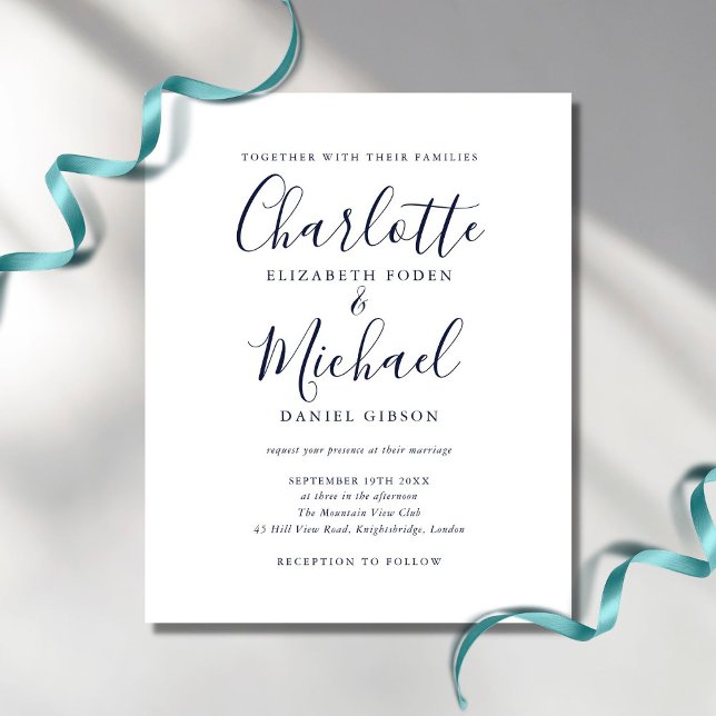 Convite De Casamento De Script Chic Azul De Marinh (Criador carregado)