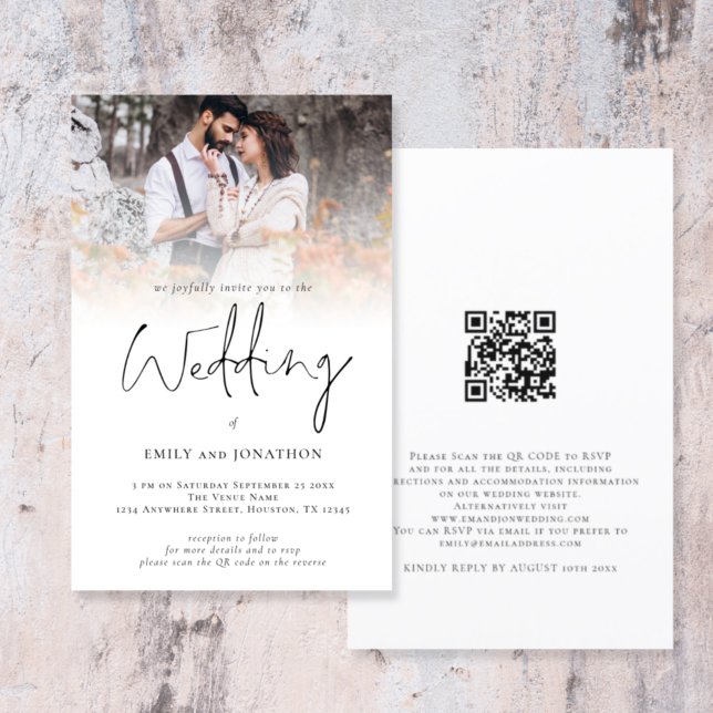 Convite de casamento de Script de Código QR de Sob (Front and back view. Larger size budget price alternative)