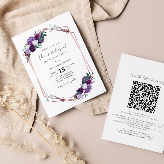 Convite de Casamento de Script de Código QR Floral (Purple Floral Wedding All in One QR Code Invitation)