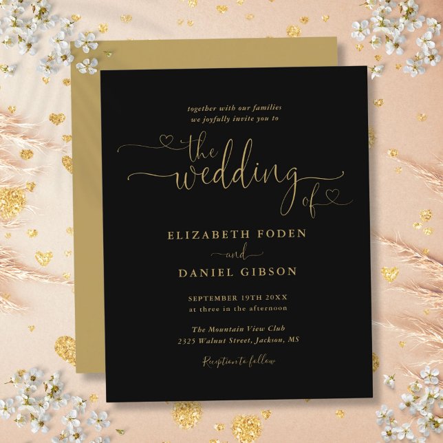 Convite de casamento De Script De Corações Pretos  (Budget Black And Gold Hearts Script Wedding Invite)