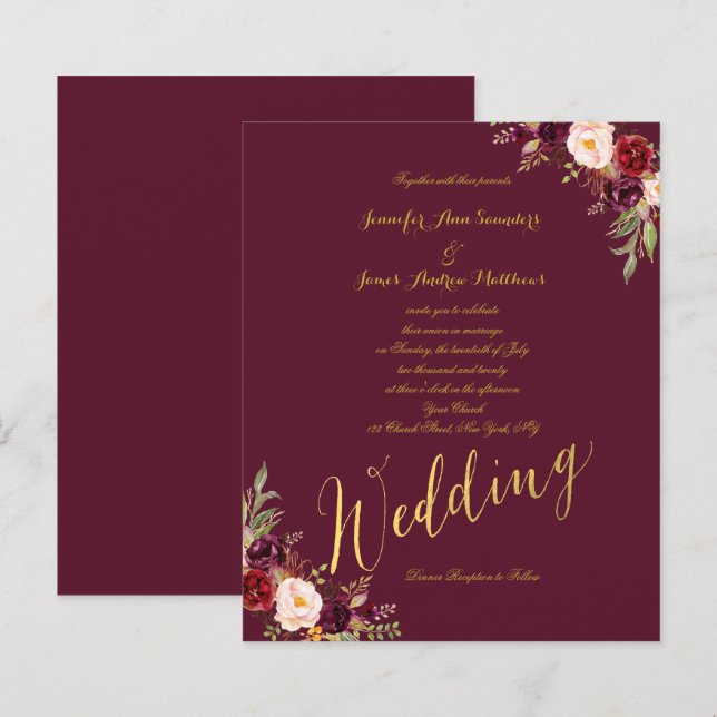 Convite de casamento de Script Dourado Floral da B (Frente/Verso)