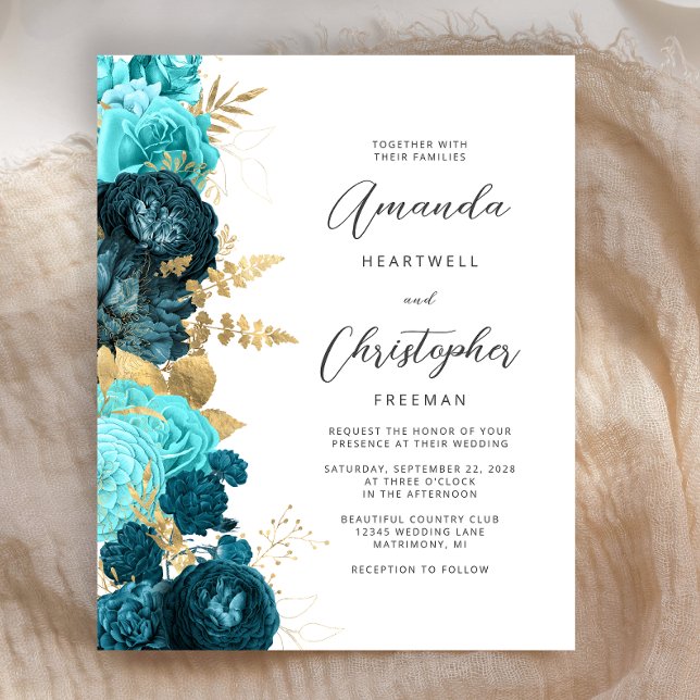 Convite de casamento de Script Dourado Floral de T (Criador carregado)