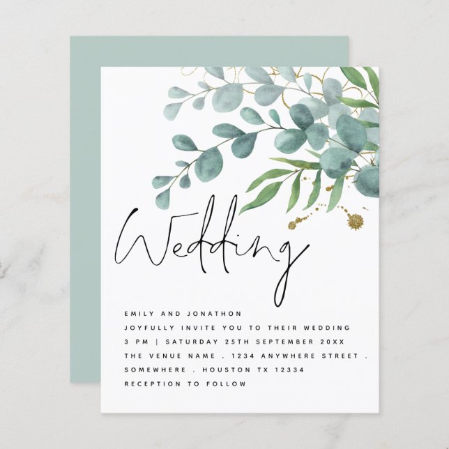 CONVITE DE CASAMENTO de Script Eucalyptus Dourado  (Frente/Verso)