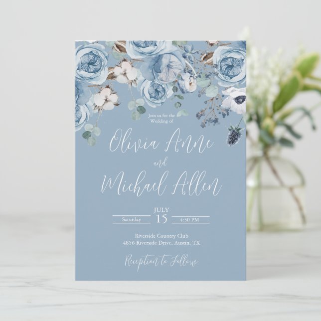 Convite De Casamento De Script Floral Azul Elegant (Em pé/Frente)