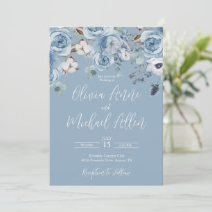 Convite De Casamento De Script Floral Azul Elegant