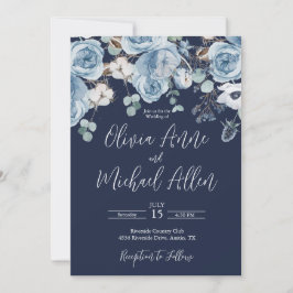 Convite De Casamento De Script Floral Elegante Azu