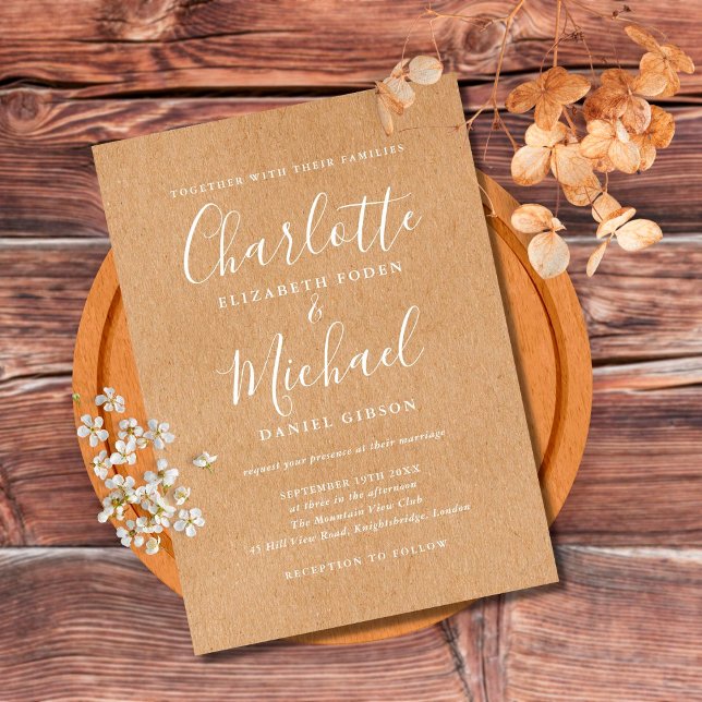 Convite De Casamento De Script Kraft Rustic Do Orç (Criador carregado)