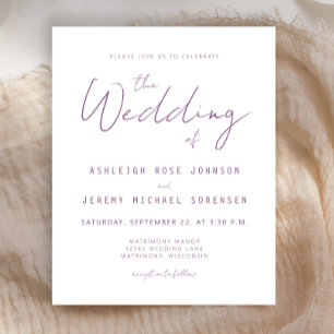 Convite de Casamento de Script Mauve Mínimo de Orç