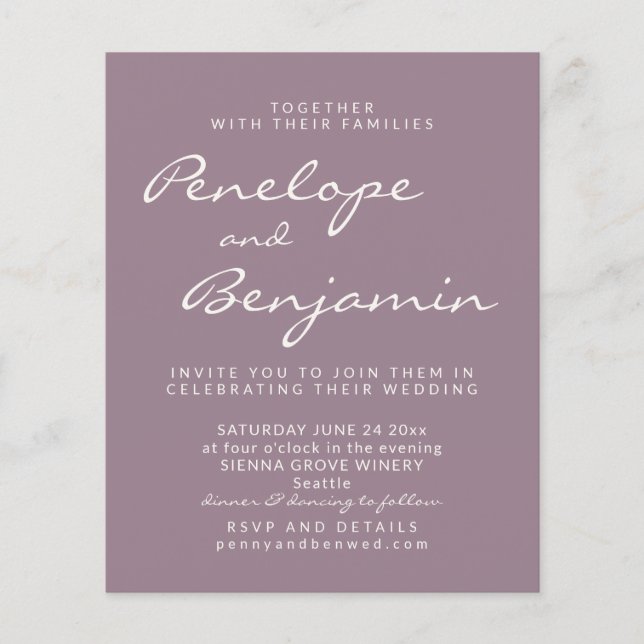 Convite de casamento de Script Purple Dusty Modern (Frente)