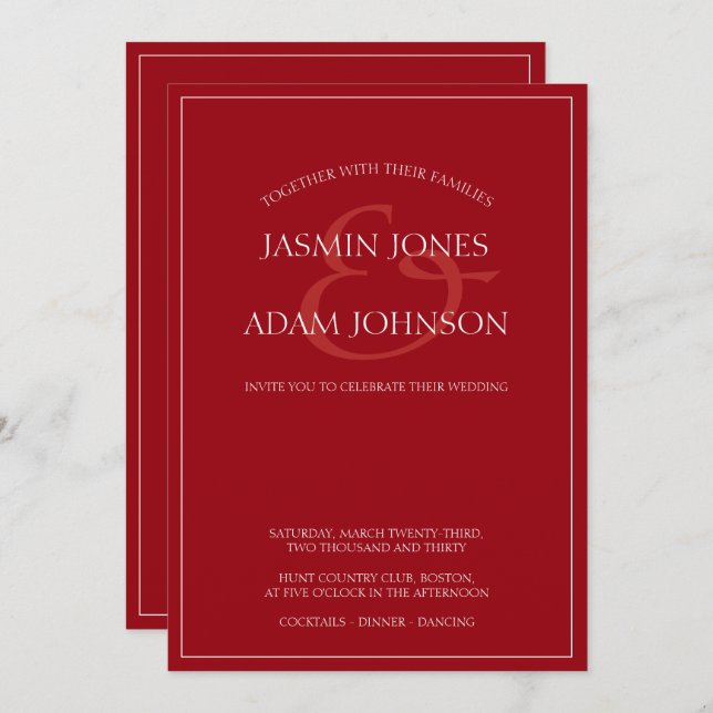 Convite De Casamento De Script Vermelho Da Crimson (Frente/Verso)