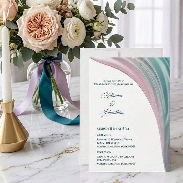 Convite de Casamento de Seda Azul Turquesa e Bege (Teal & Blush Silk Wedding Invitation )