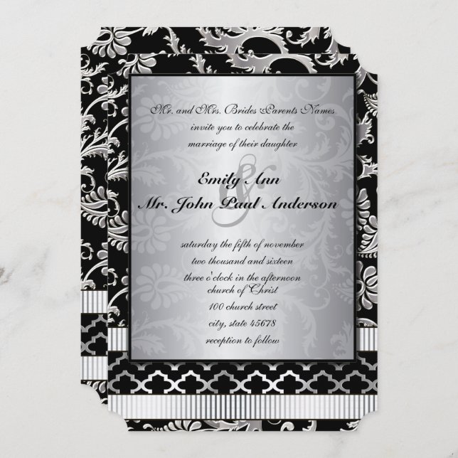 Convite De Casamento De Silver Damask Swirls (Frente/Verso)