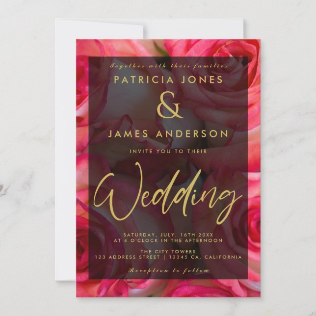 Convite de Casamento de Sobreposição de Rosas Rosa (Frente)