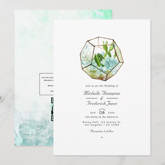 Convite de Casamento de Suculentas em Terrário de  (Frente/Verso)