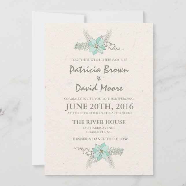 Convite de Casamento de Teal de Buquê de Aquarela (Frente)