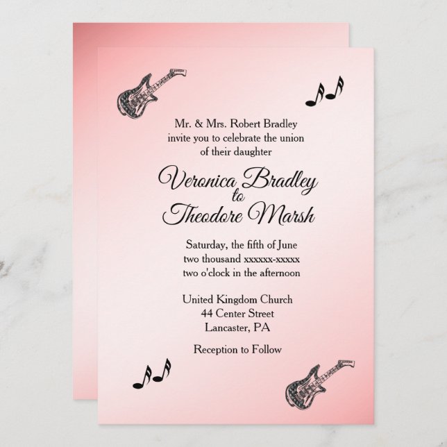 Convite De Casamento De Tema De Violão Cor-De-Rosa (Frente/Verso)